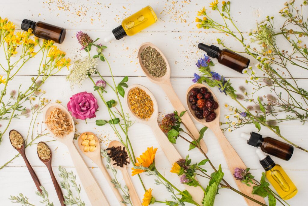 top view of herbs in spoons near flowers and bottles on white wooden background, naturopathy concept